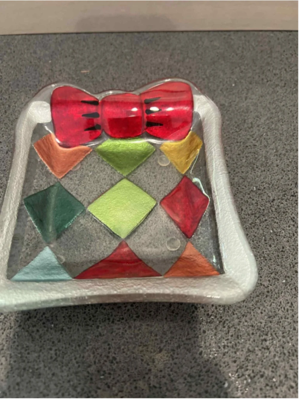Lori Siebert for Silvestri Hand Blown Glass Dish Multicolor Harlequin Bow Design